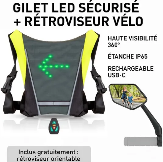 Diavo Gilet LED Sécurité + Rétroviseur Vélo – Pack Haute Visibilité 360° – Étanche & Rechargeable – Cyclisme, Jogging, Trottinette avec LED Clignotant et Télécommande, Installation Facile Sangle