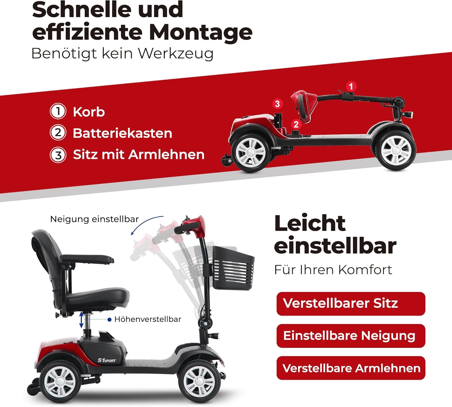 Scooter électrique pliable pour personnes âgées et personnes âgées, 4 roues, moteur 300 W, portée 15 km, siège rotatif à 360° + lumières LED (rouge)
