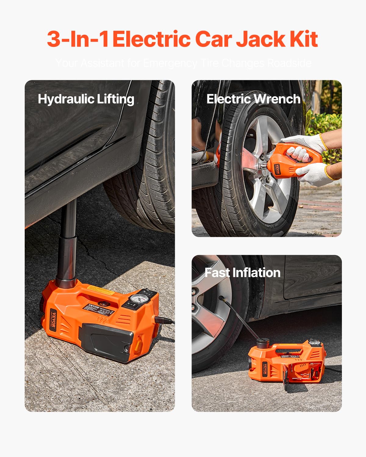 Cric Électrique pour Voitures 5 T, Cric de Levage avec Gonfleur Intégré, Outil Démonte-Pneu Portable avec Clé à Chocs Électrique et Lumière LED, pour Urgence Dépannage Routière SUV Berline