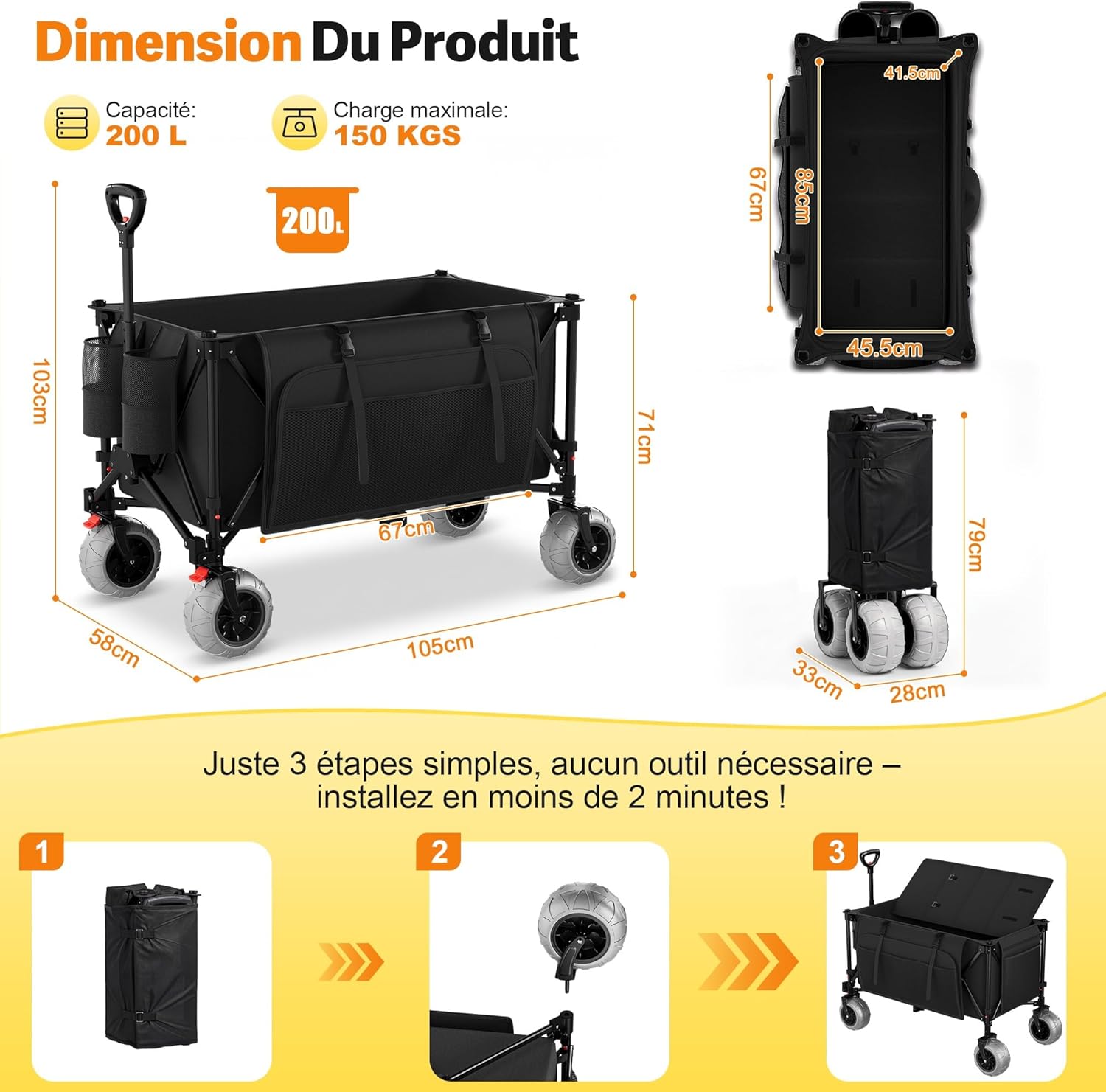 Chariot de Plage Pliable 200L 150KG, Chariot de Plage Tout Terrain avec PU Roues Extra Larges 21.5x10 cm, Charette Pliable Poignée Réglable Pivotantes à 90° pour Plage, Camping, Courses(Noir) Noir 200 L