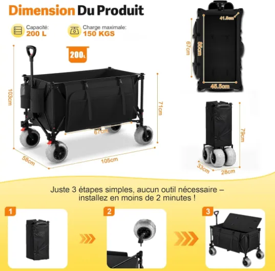 Chariot de Plage Pliable 200L 150KG, Chariot de Plage Tout Terrain avec PU Roues Extra Larges 21.5x10 cm, Charette Pliable Poignée Réglable Pivotantes à 90° pour Plage, Camping, Courses(Noir) Noir 200 L