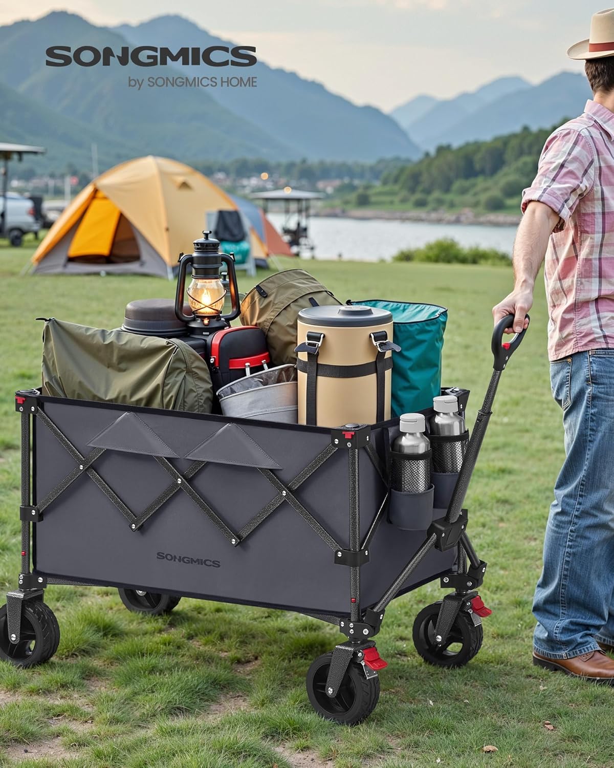 Chariot Pliable, Capacité de 150 L, Supporte Jusqu à 150 kg, avec Poignée, 4 Roues Amovibles, Chariot de Jardin, Économie d Espace, pour Extérieur, Plage, Camping, Gris Ardoise GFW115G01