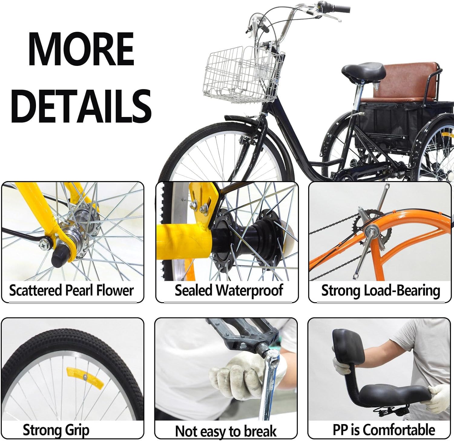 Vélo Cargo triporteur 24 Pouces avec Panier, capacité de Charge 120 kg, pour Adultes, idéal pour Les Sports de Plein air - Jaune avec Panier.
