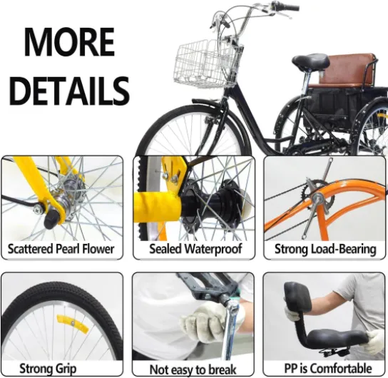 Vélo Cargo triporteur 24 Pouces avec Panier, capacité de Charge 120 kg, pour Adultes, idéal pour Les Sports de Plein air - Jaune avec Panier.