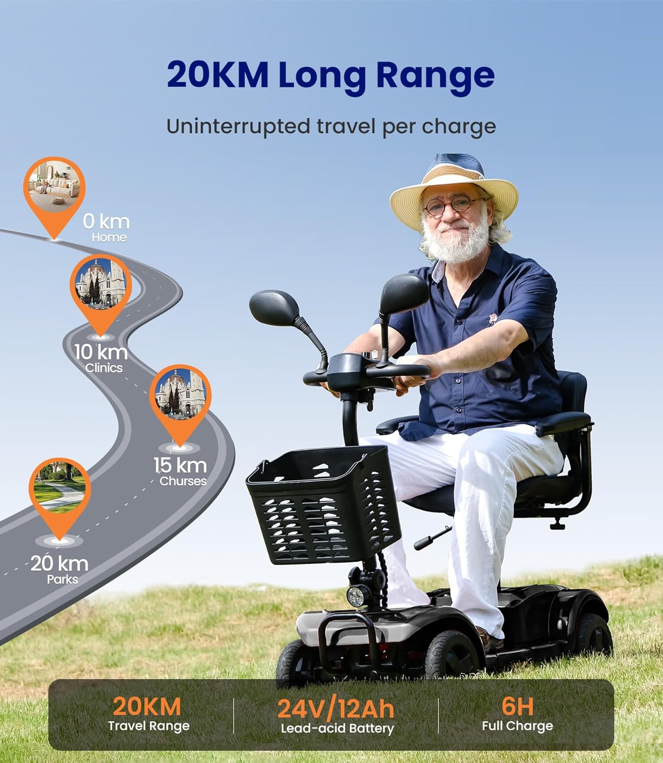 électrique pour seniors, pliable, 4 roues, D42,20 km, avec pneus anti-crevaison pour tous les terrains, 250 W, couverture de mobilité, jusqu'à 136 kg, support de 5 ans, noir