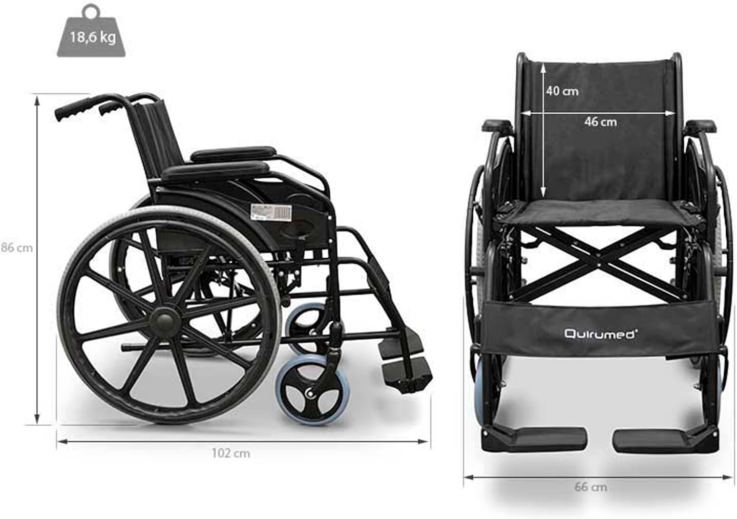 QUIRUMED Fauteuil roulant pliant EASY STYLE, Acier, Largeur 46 cm, Pliage facile, Boucles d'autopropulseur, Repose-pieds rabattables, Siège rembourré, Freins manuels, Pour personnes âgées