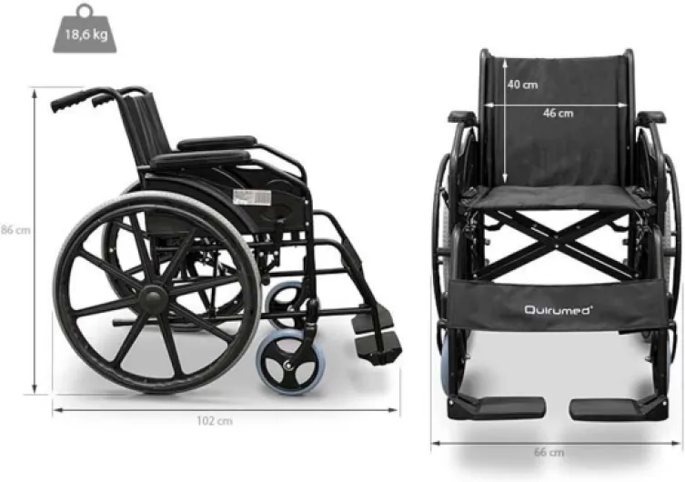 QUIRUMED Fauteuil roulant pliant EASY STYLE, Acier, Largeur 46 cm, Pliage facile, Boucles d'autopropulseur, Repose-pieds rabattables, Siège rembourré, Freins manuels, Pour personnes âgées