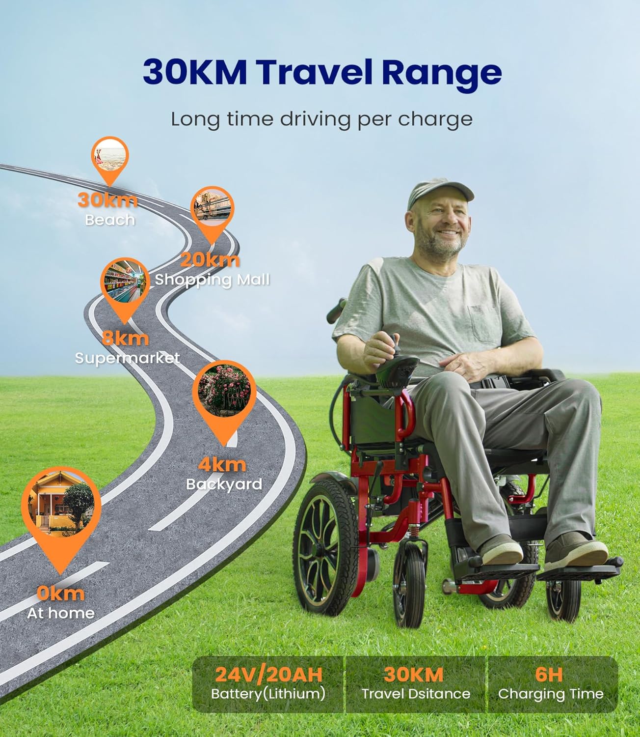 Fauteuil roulant electrique pliable leger pour 150KG,30KM fauteuil handicapés électrique Stable,Chaise roulante électrique avec 40CM pneus gonflables amortisseurs,Garantie 5 ans-Rouge