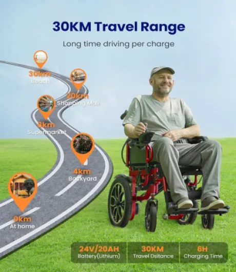 Fauteuil roulant electrique pliable leger pour 150KG,30KM fauteuil handicapés électrique Stable,Chaise roulante électrique avec 40CM pneus gonflables amortisseurs (Rouge)