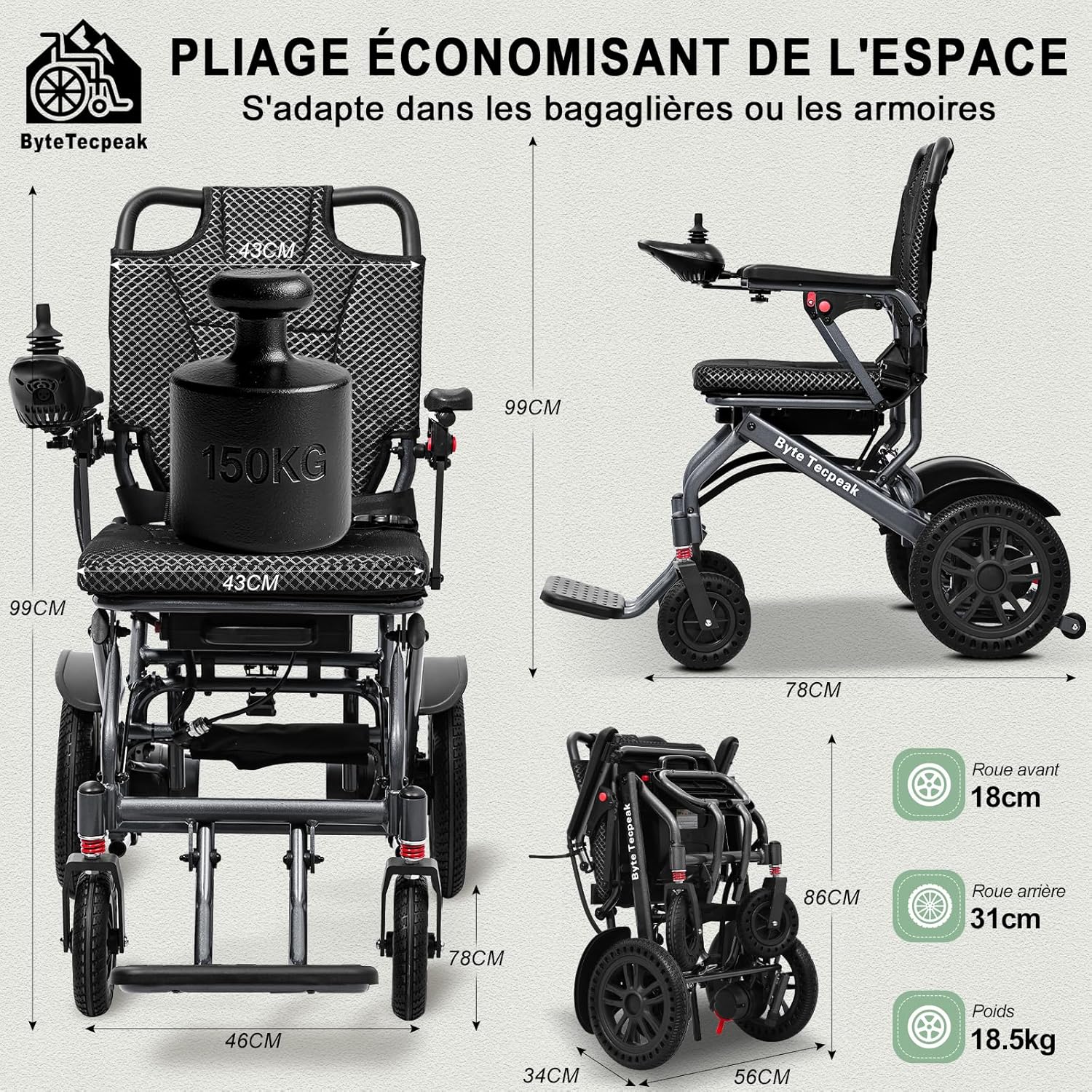Fauteuil roulant électrique pliable léger, moteur silencieux de 500W, batterie amovible 12 Ah, portée de 20 km, cadre en alliage d'aluminium, supporte 150 kg D14-Black