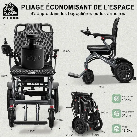 Fauteuil roulant électrique pliable léger, moteur silencieux de 500W, batterie amovible 12 Ah, portée de 20 km, cadre en alliage d'aluminium, supporte 150 kg D14-Black