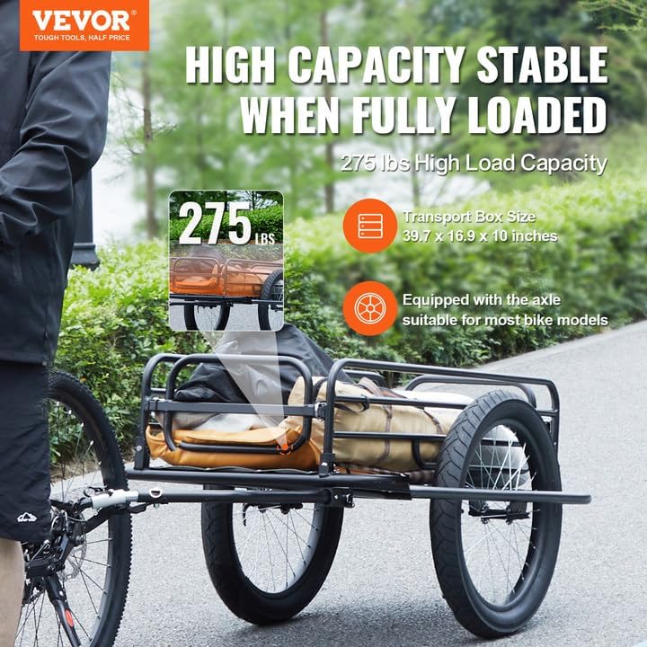 Remorque de vélo, capacité de Charge de 125 kg, Chariot de vélo, Rangement Compact Pliable et dégagement Rapide, Roues de 508 mm, s'adapte à la Plupart des Roues de vélo, en Acier au Carbone