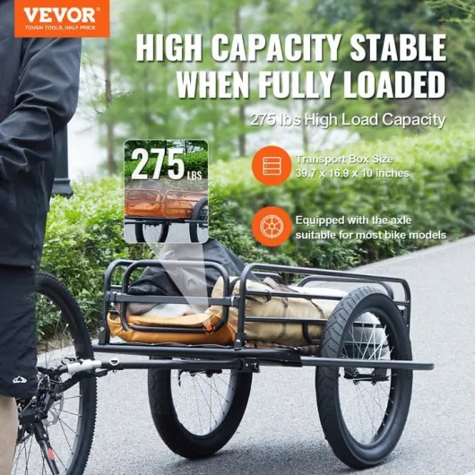 Remorque de vélo, capacité de Charge de 125 kg, Chariot de vélo, Rangement Compact Pliable et dégagement Rapide, Roues de 508 mm, s'adapte à la Plupart des Roues de vélo, en Acier au Carbone
