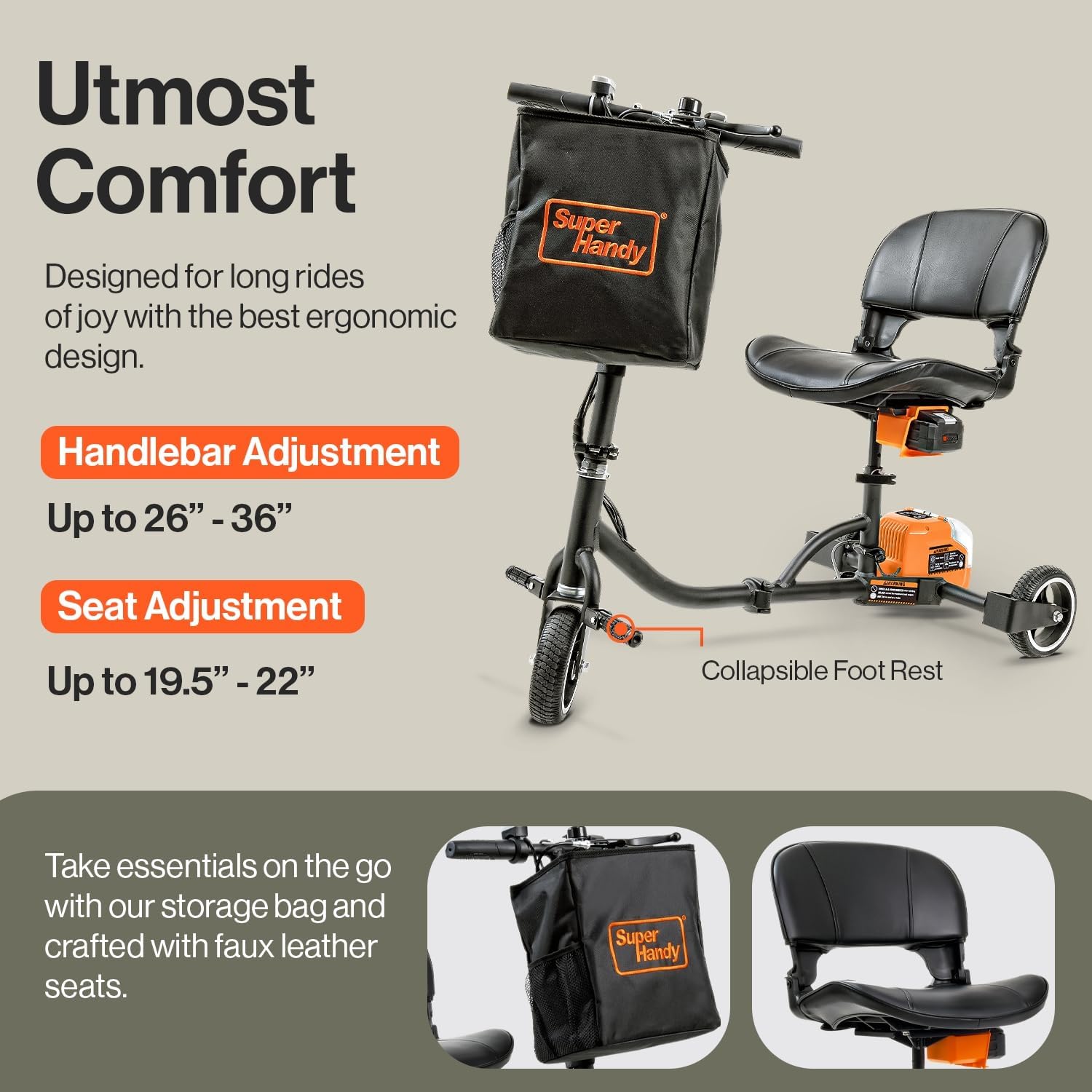 SuperHandy Mobilité électronique 3 roues, Mobilités électroniques, ultraléger, compact, pliable, longue portée, avec batterie amovible 48V avec une charge maximale de 125 kg, sac compris
