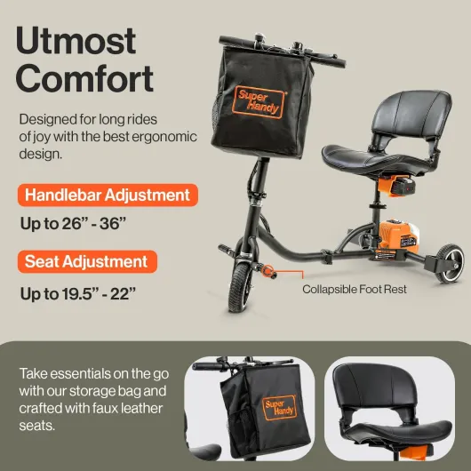 SuperHandy Mobilité électronique 3 roues, Mobilités électroniques, ultraléger, compact, pliable, longue portée, avec batterie amovible 48V avec une charge maximale de 125 kg, sac compris