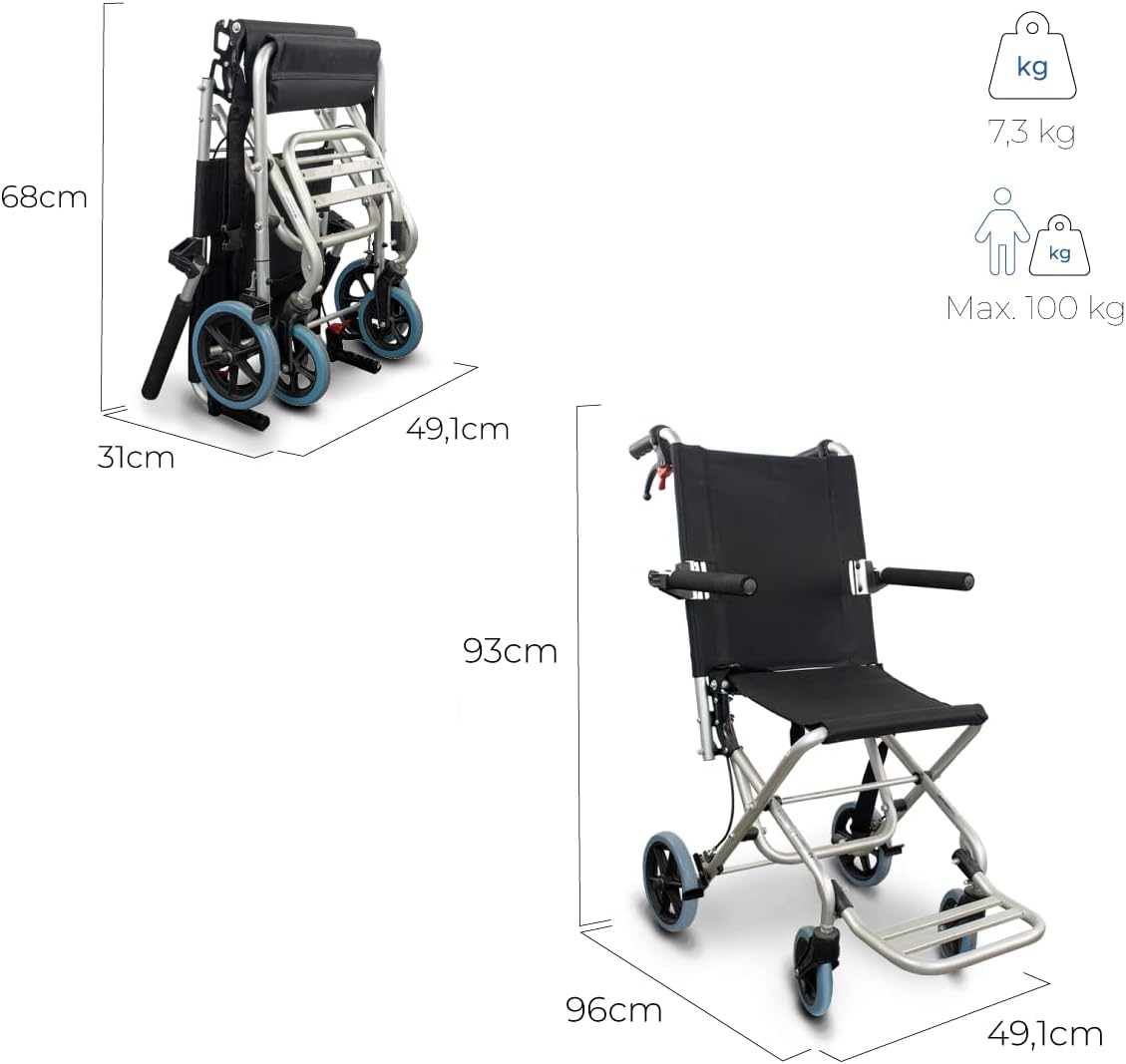 , Fauteuil roulant de transit, Neptuno, Aluminium, Pliant, Frein sur poignées, Marque espagnole, Repose-pieds pliants, Accoudoirs pliants, Léger, Ceinture de sécurité, Ergonomie Noir
