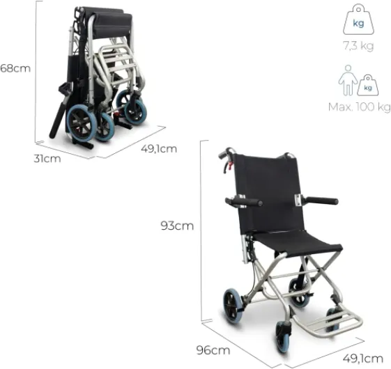 , Fauteuil roulant de transit, Neptuno, Aluminium, Pliant, Frein sur poignées, Marque espagnole, Repose-pieds pliants, Accoudoirs pliants, Léger, Ceinture de sécurité, Ergonomie Noir