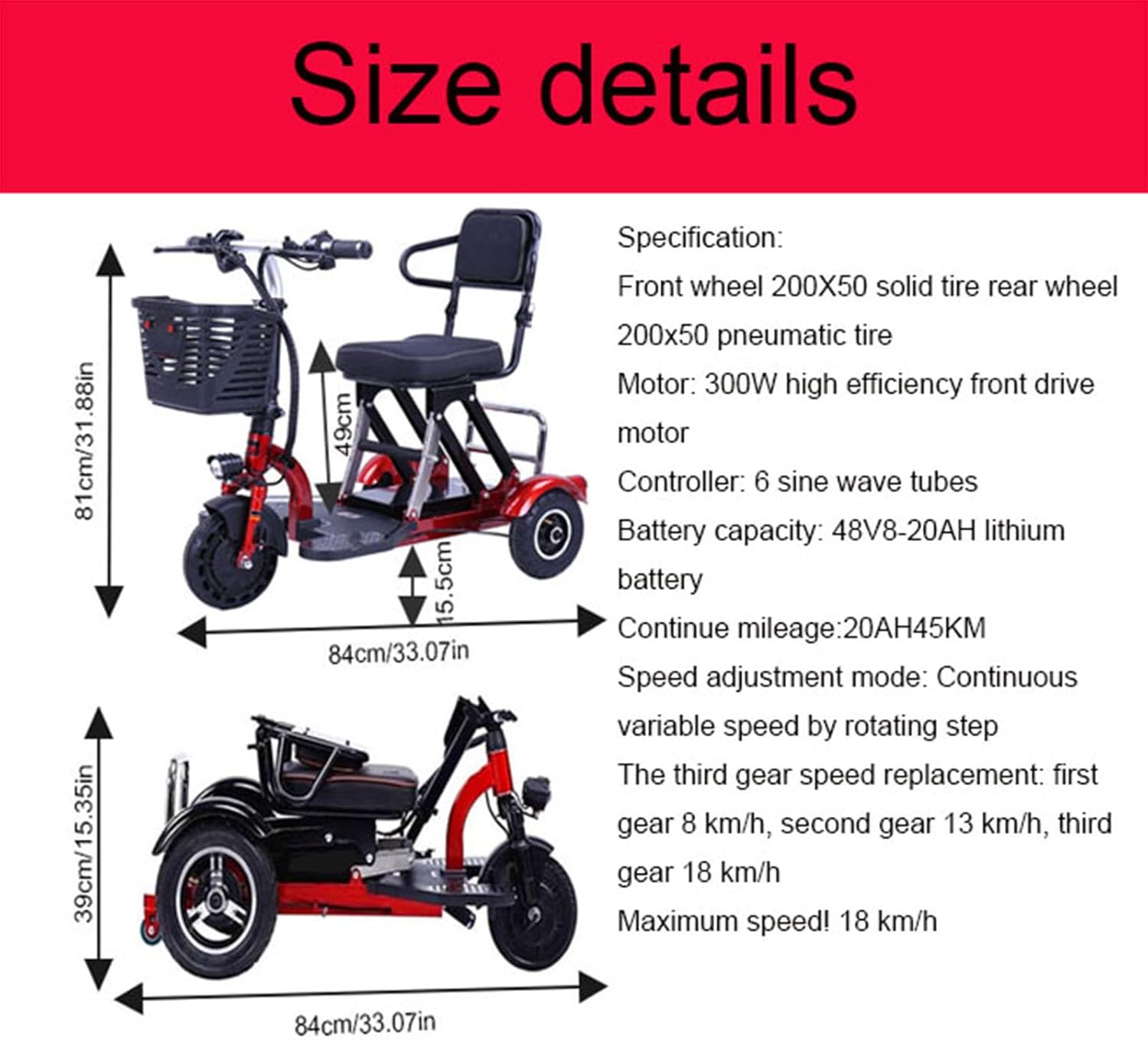 Scooter de mobilité à 3 Roues avec Phares LED et Panier autonomie Capacité de 440 LB avec siège Confortable pour Personnes âgées et handicapées