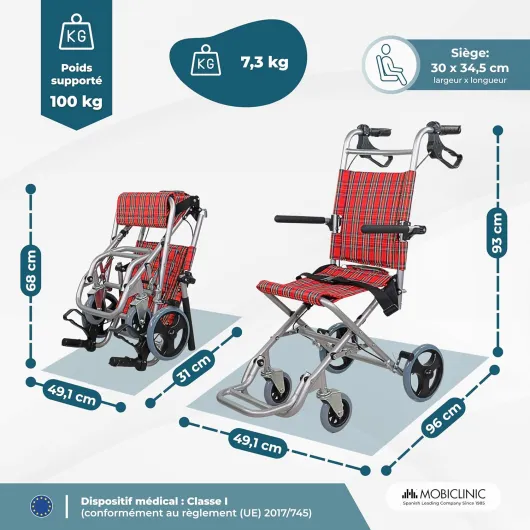 , Fauteuil roulant Transit, modèle Neptuno, Aluminium, Pliant, Frein sur poignées, Marque européenne, Repose-pieds pliants, Accoudoirs pliants, Léger, Ceinture de sécurité Rouge