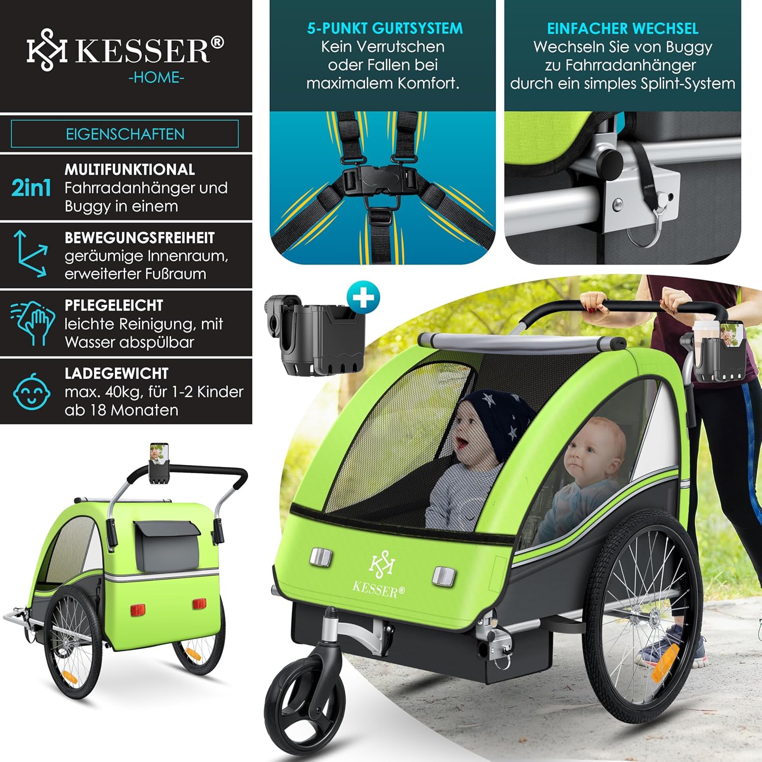 KESSER® Remorque pour Enfants Remorque de vélo Sport-RX 2en1 Fonction de Running Remorque de vélo pour Enfants + Ceinture de sécurité 5 Points 360°- Roue Avant Jogger Poussette Vélo Vert clair