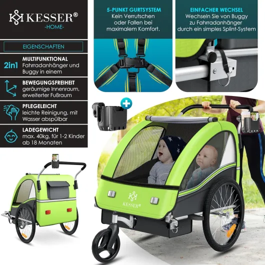 KESSER® Remorque pour Enfants Remorque de vélo Sport-RX 2en1 Fonction de Running Remorque de vélo pour Enfants + Ceinture de sécurité 5 Points 360°- Roue Avant Jogger Poussette Vélo Vert clair