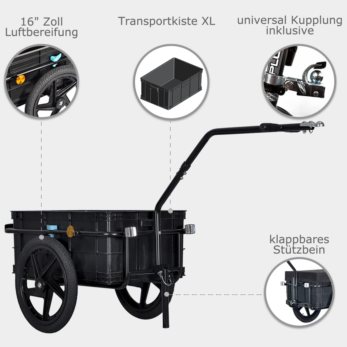 Tiggo 70L Remorque de Velo Transport, Panier Amovible, Chassis en Acier, Traction : 40kg Max, Bache Impermeable, Utilisable comme Chariot a Main