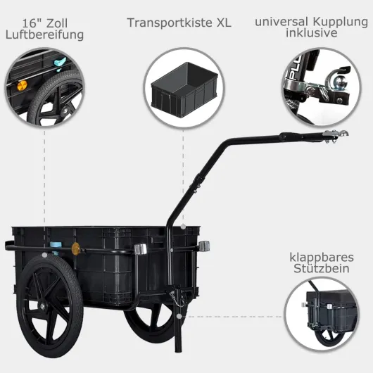 Tiggo 70L Remorque de Velo Transport, Panier Amovible, Chassis en Acier, Traction : 40kg Max, Bache Impermeable, Utilisable comme Chariot a Main