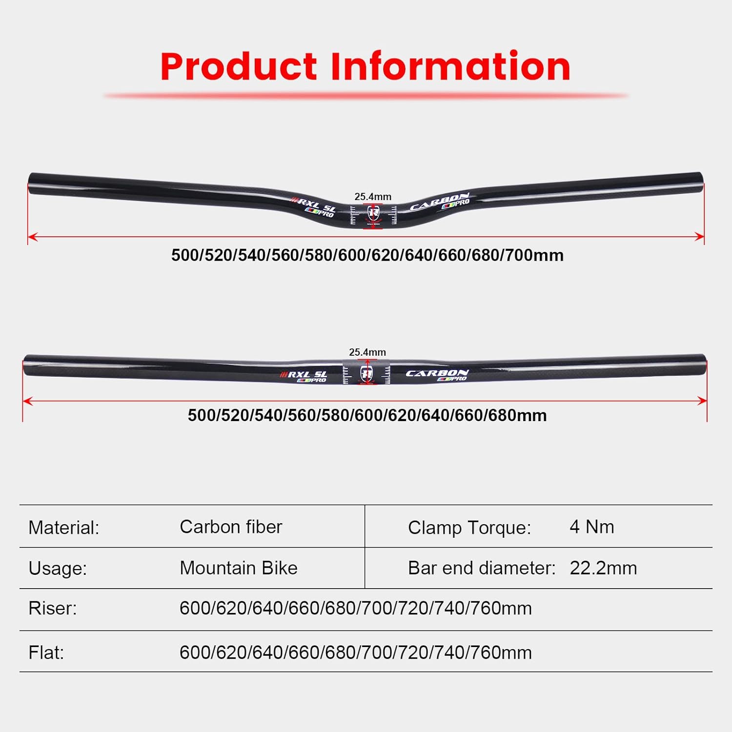 Guidon carbone velo 25.4mm noir 3k brillant vtt guidon 700mm Noir 3K brillant riser 25.4*700mm
