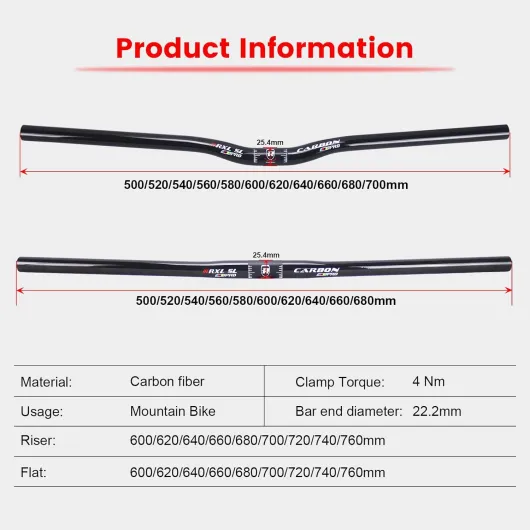 Guidon carbone velo 25.4mm noir 3k brillant vtt guidon 700mm Noir 3K brillant riser 25.4*700mm