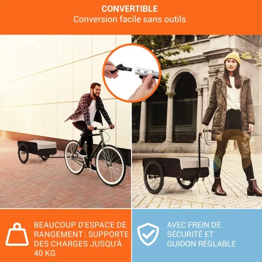 Klarfit Remorque Velo Cargo, Charette Velo à 2 Roues, Remorque Vélo pour Bicyclette, Kit de Fixation pour Remorques en Acier avec Attelage et Support, Chariot Etanche pour Camping, Bagages, Trekking Grand Gris