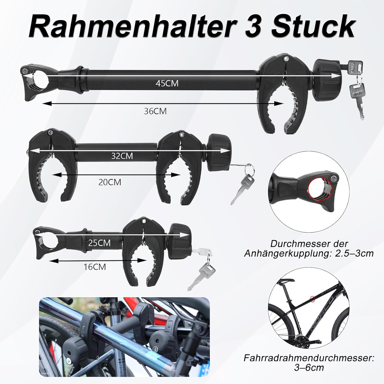 FINEW Lot de 3 supports de cadre pour porte-vélos, attelage de remorque, 45 cm + 32 cm + 25 cm - Support universel verrouillable pour tube en U : Ø 2,5-3 cm - Fixation puissante (breveté)