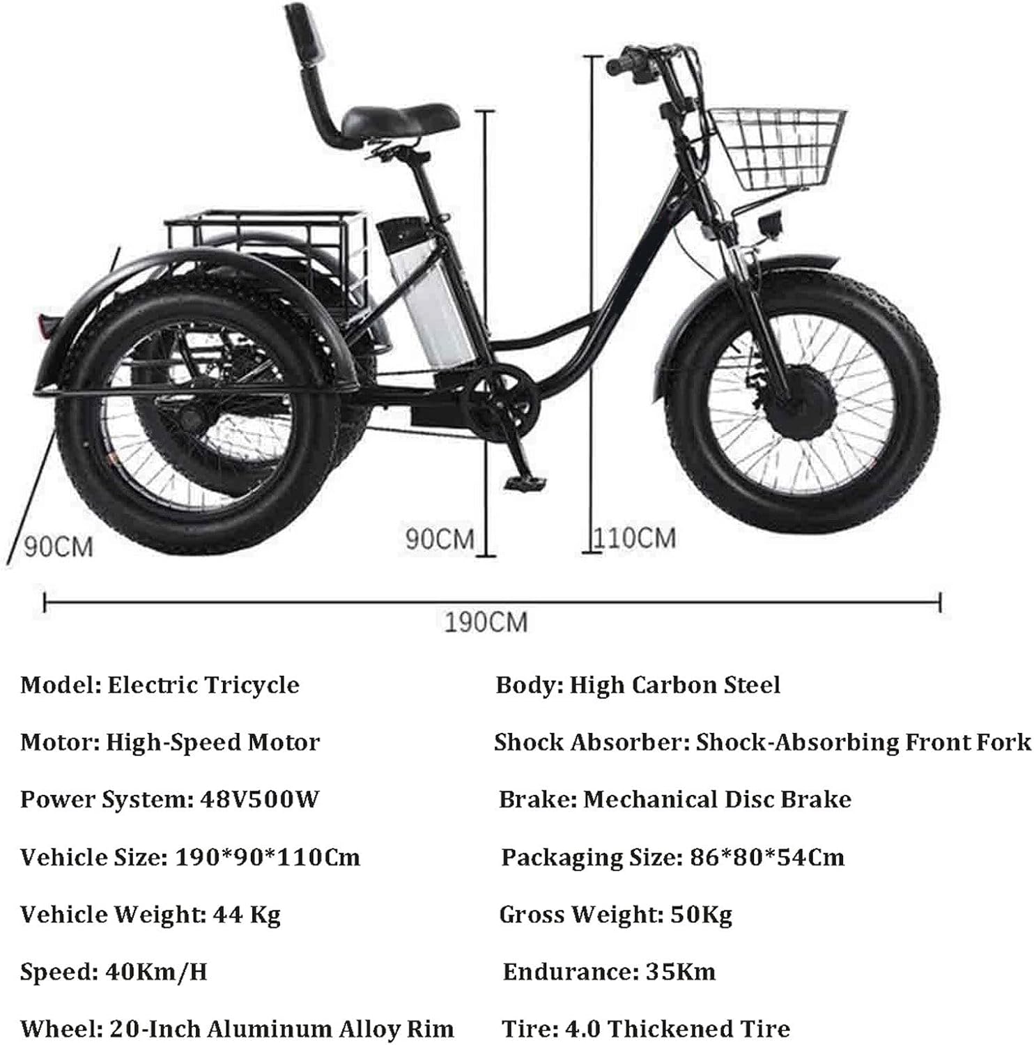 Tricycle électrique robuste pour adultes - Charge maximale de 200 kg, vélo cargo électrique à 3 roues avec pneus larges de 20 pouces, batterie amovible 48 V/12 Ah, autonomie de 35 km, idéal pour les