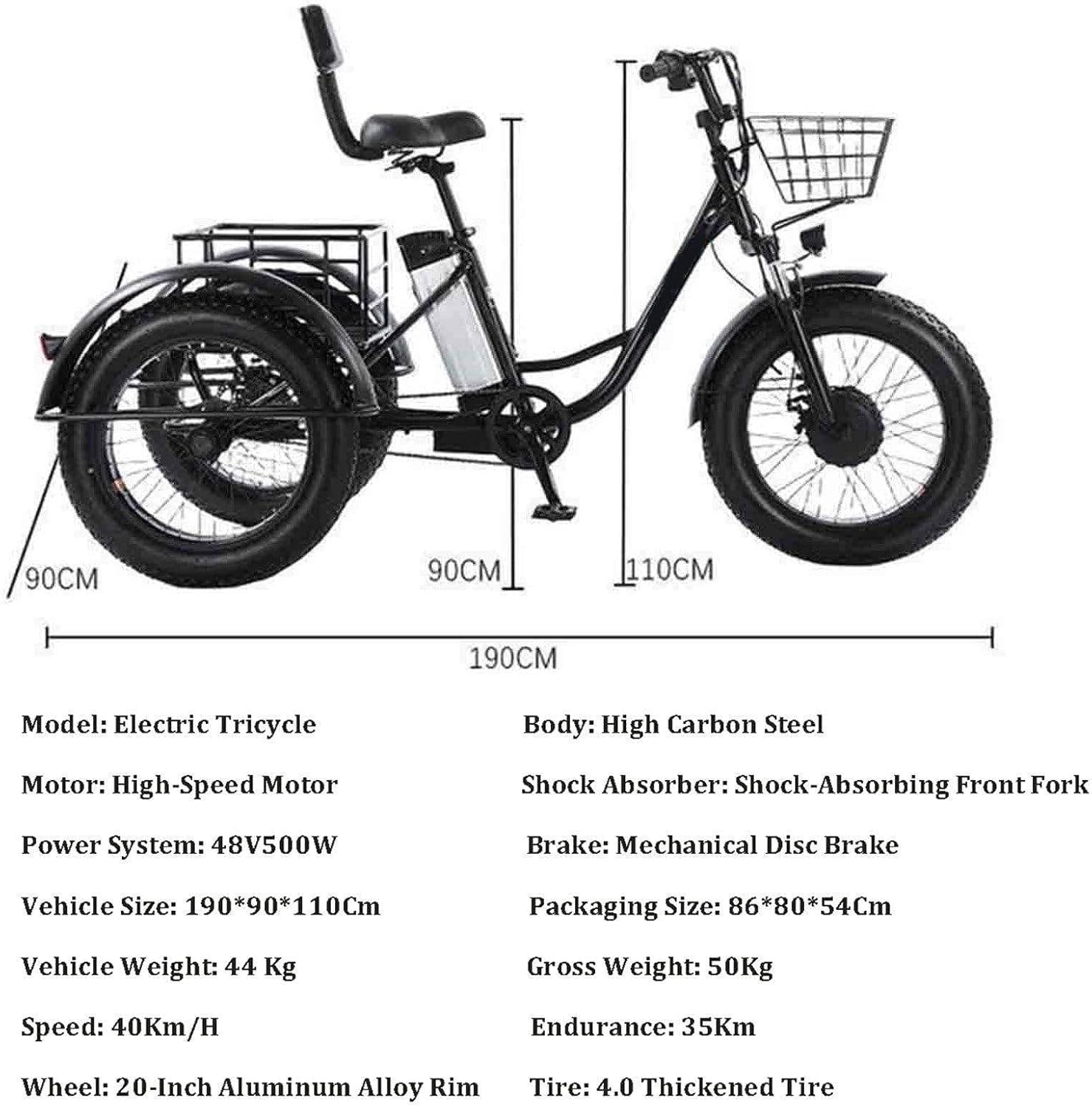 Tricycle électrique adulte à trois roues - Batterie amovible 48 V/12 Ah, vélo cargo électrique 20 pouces, pneus larges, autonomie de 35 km, idéal pour les courses et les pique-niques, charge maximal