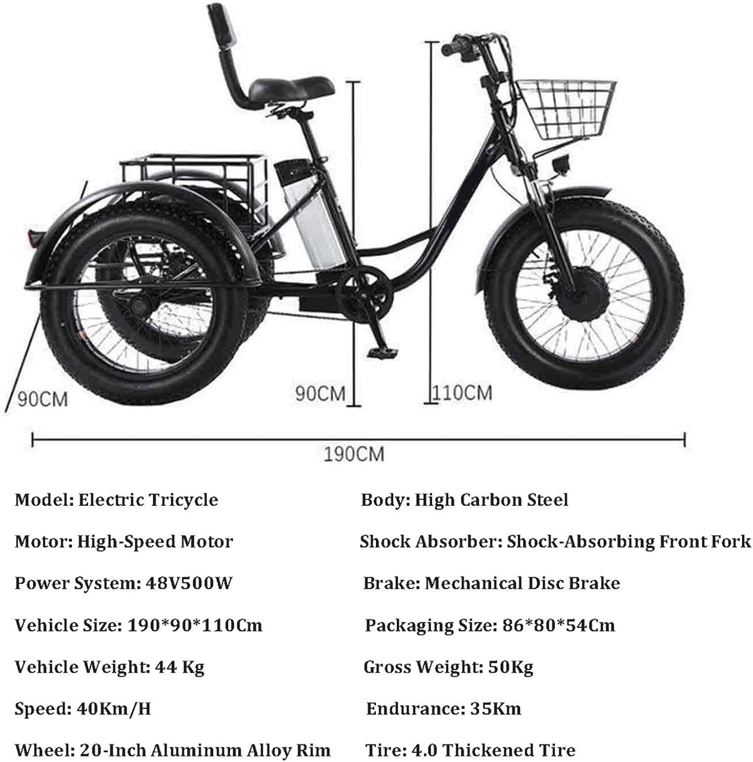 Vélo cargo électrique à pneus larges de 20 pouces, tricycle électrique pour adultes - Charge maximale de 200 kg, batterie amovible 48 V/12 Ah - Autonomie de 35 km, idéal pour les trajets domicile-tr