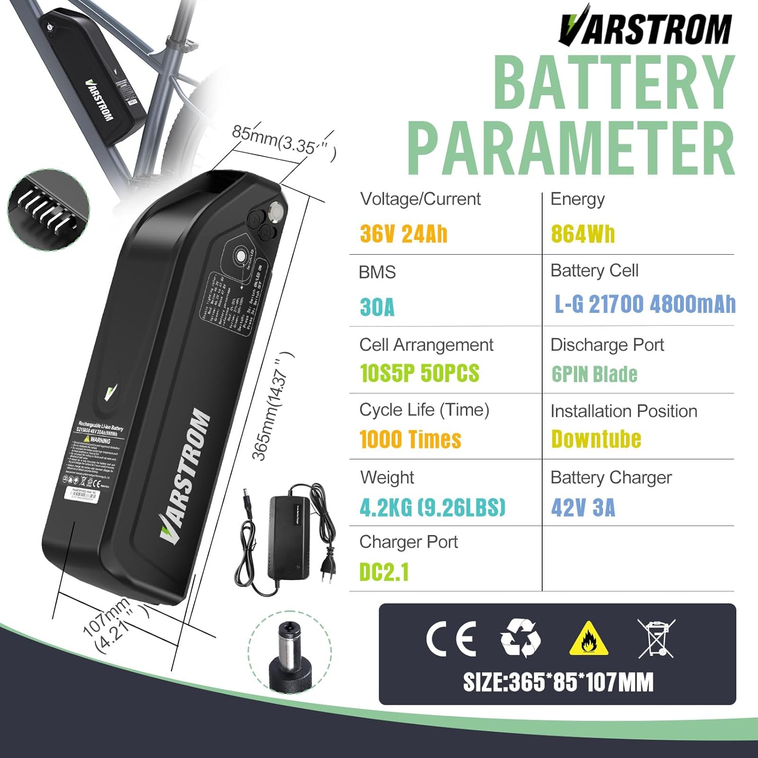 Batterie Velo Electrique 36V 24Ah - Cellules L*/G 4800mAh 864Wh Batterie Haute Autonomie avec Chargeur pour Kit Conversion Vélo Électrique 1500W 1000W 750W 500W 350W 250W (Format Compact) (Taille Plus Petite) 36V 24Ah Batterie