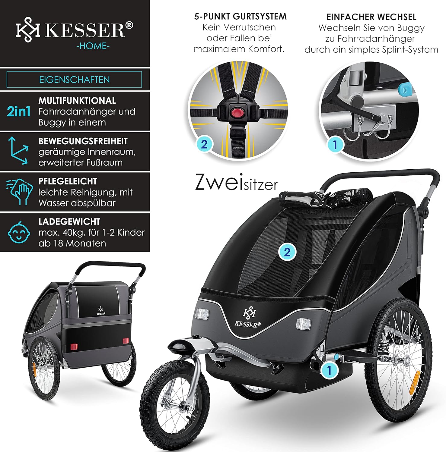 KESSER® Remorque de vélo pour Enfant - Rotation à 360° - avec Suspension 2 en 1 - Fonction Jogger - Remorque de vélo pour Enfant - Sangle à 5 Points - pour 1 à 2 Enfants - 40 kg Noir / Anthracite