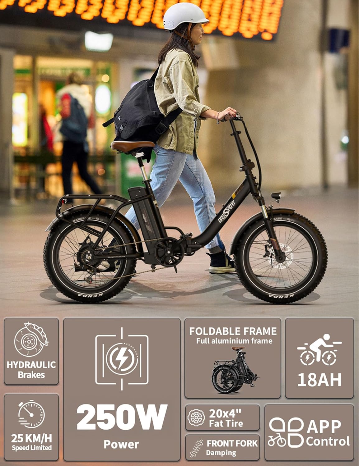 OT16 Max Vélo Électrique Pliant, 20 x 4" Fat Tire E Bike avec 48V 18AH Batterie Amovible Jusqu'à 120km & 250W Moteur, 7 Vitesses & Freins Hydrauliques, Bluetooth APP, Urban VTT Electrique