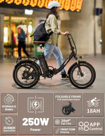 OT16 Max Vélo Électrique Pliant, 20 x 4" Fat Tire E Bike avec 48V 18AH Batterie Amovible Jusqu'à 120km & 250W Moteur, 7 Vitesses & Freins Hydrauliques, Bluetooth APP, Urban VTT Electrique