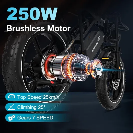 Vélo Electrique pour Adultes, 16''/20" Vélo Electrique à Gros Pneus, 250W E Bike,Jusqu'à 25KM/H, 36V/48V Batterie Amovible, Vélo Tout-Terrain Electrique pour la Neige de Montagne EK20 Noir - Max 110KM