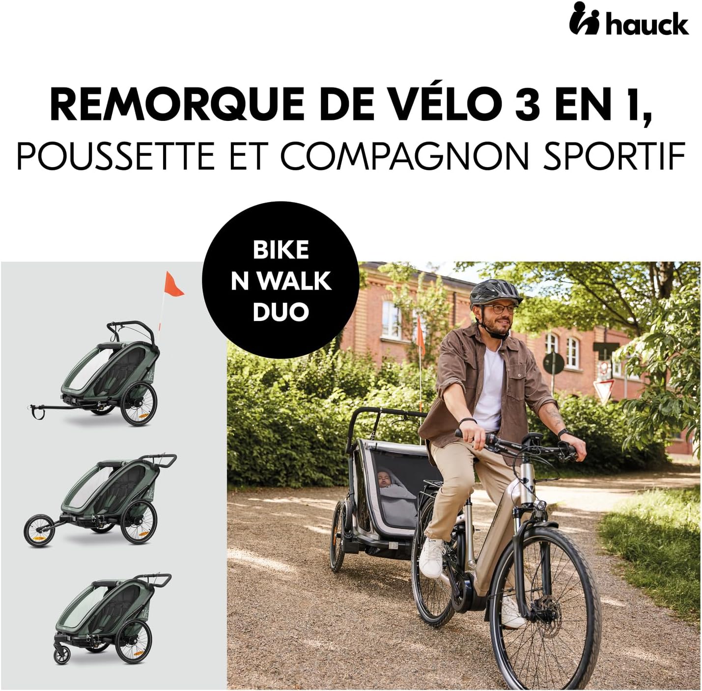 Remorque Velo et Poussette Bike N Walk Duo, Chariot Enfant 2 Places, 6 Mois et Jusqu'à 22 kg - 120 cm avec Suspension, Frein à Main, Dossier Réglable, Coffre et Accessoires, Vert Foncé