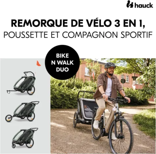 Remorque Velo et Poussette Bike N Walk Duo, Chariot Enfant 2 Places, 6 Mois et Jusqu'à 22 kg - 120 cm avec Suspension, Frein à Main, Dossier Réglable, Coffre et Accessoires, Vert Foncé
