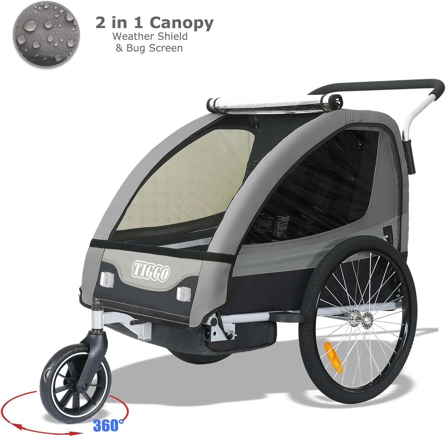 Tiggo T2 Remorque pour Enfants Remorque de vélo 2 en 1 Poussette Jogger Buggy 360° Roue Avant Gris