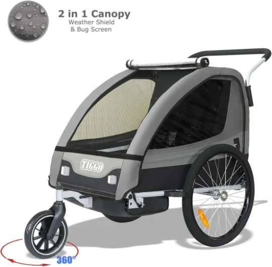 Tiggo T2 Remorque pour Enfants Remorque de vélo 2 en 1 Poussette Jogger Buggy 360° Roue Avant Gris