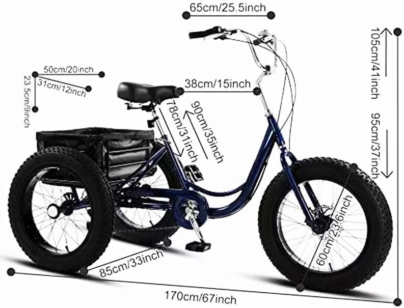Tricycle à Gros Pneus 20'' X 4'' pour Adultes - 7 Vitesses/Sièges Réglables, Vélo De Neige à 3 Roues, Vélo Cruiser, pour Femmes Et Hommes, Vacances, Camping, Loisirs Blue