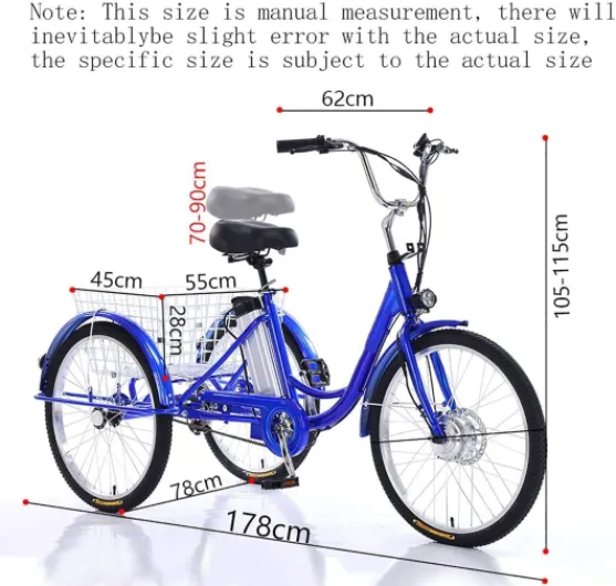 24 inch Electric Tricycle with Three Wheels for Adults - Load Capacity 150 Kg - Adjustable Height with Shopping Trolley - Three Wheel Cruiser Bike Black Noir
