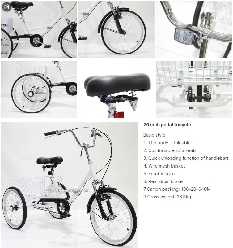 Tricycle Adulte à 3 Roues, Tricycle Cargo à Une Vitesse avec Panier, idéal pour Les Seniors et offrant Un Confort de Conduite Optimal.
