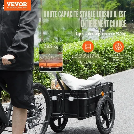 Remorque de vélo avec capacité de charge de 88/100/72,6 kg, chariot de vélo robuste, pliable et compact avec attelage universel 40 kg