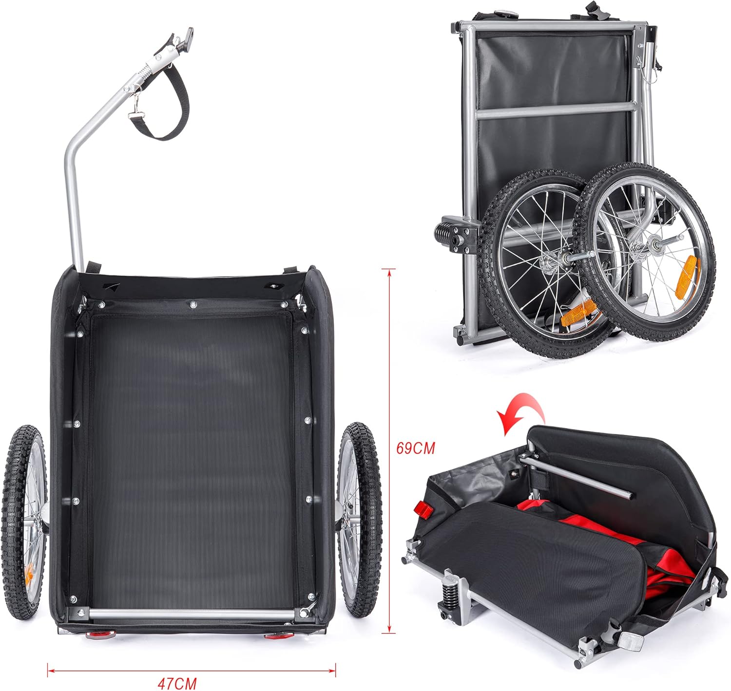 Remorque Velo Cargo avec Amortisseur, Capacité de Charge Jusqu'à 120l et 88lb / 40kg, Remorque de Fret Pliante, Remorque de Transport de Signal de Sécurité de Vélo avec Bâche (Jaune) Rouge
