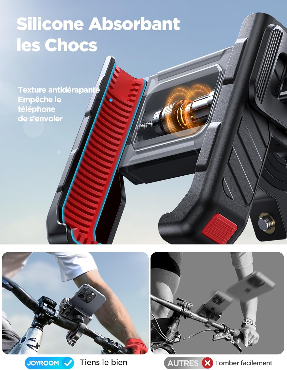 Support Telephone Moto, [Absorption Chocs Antidérapante] Support Téléphone Vélo du Guidon [1s Verrouillage et Libère] Universel Porte Telephone Moto pour iPhone, Samsung 4,7" -7" Smartphone Nero rosso