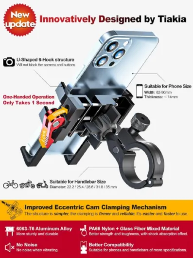 Support Téléphone Vélo Support Téléphone Moto Aluminium 6 Griffes Rotatives à 360°, Universel Support de Telephone Velo Installation sans Outil pour Les Téléphones 4,5-7,0 Pouces Noir/rouge